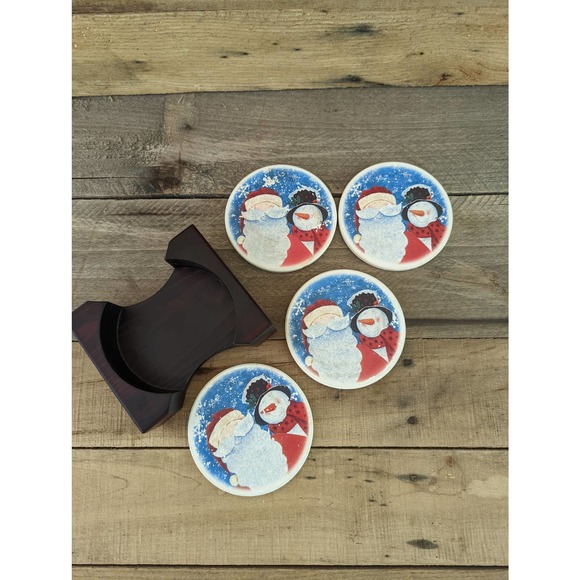 Set of four Stoneware Christmas Snowman & Santa Coasters with wooden holder - Picture 5 of 6